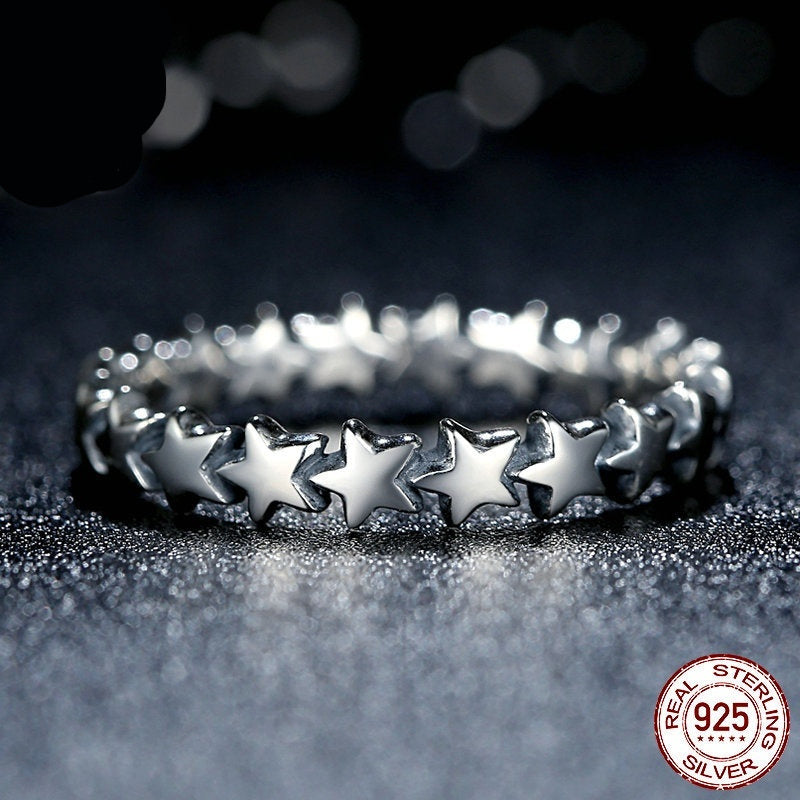 S925 Starry Sky Ring – Five-Pointed Star Geometric Silver Ring for Women