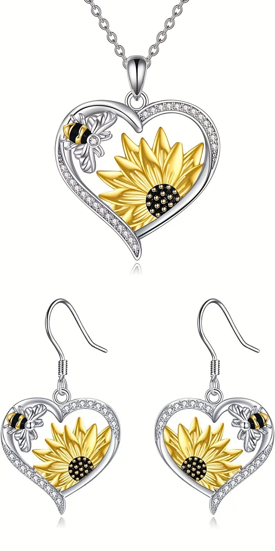 Bee Sunflower Heart Earrings – Cute Silver Floral Animal Jewelry for Women