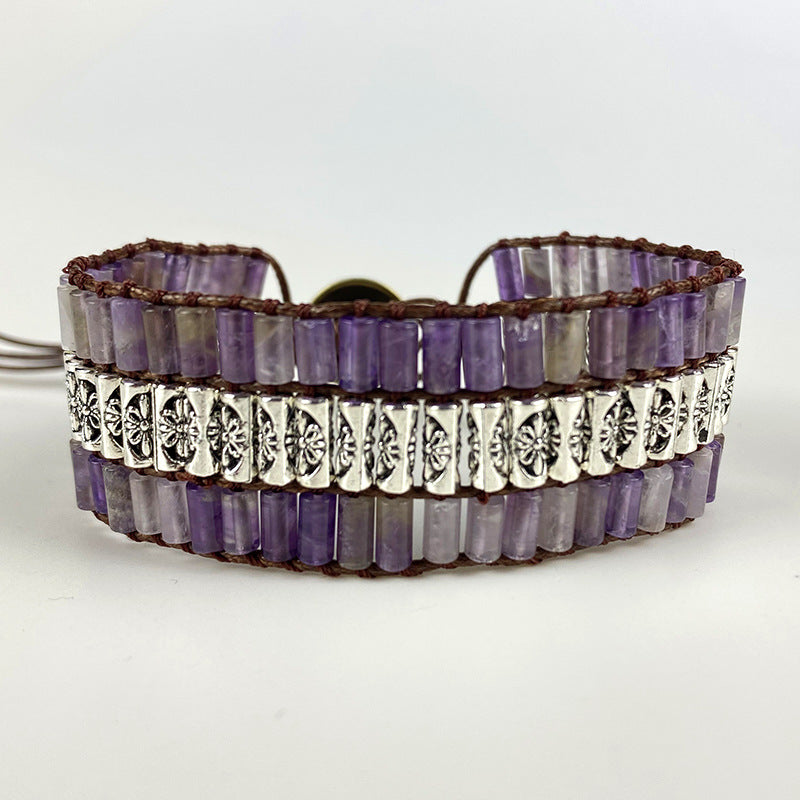 Retro Amethyst Cylindrical Braided Bracelet – Unisex Bohemian Agate Jewelry