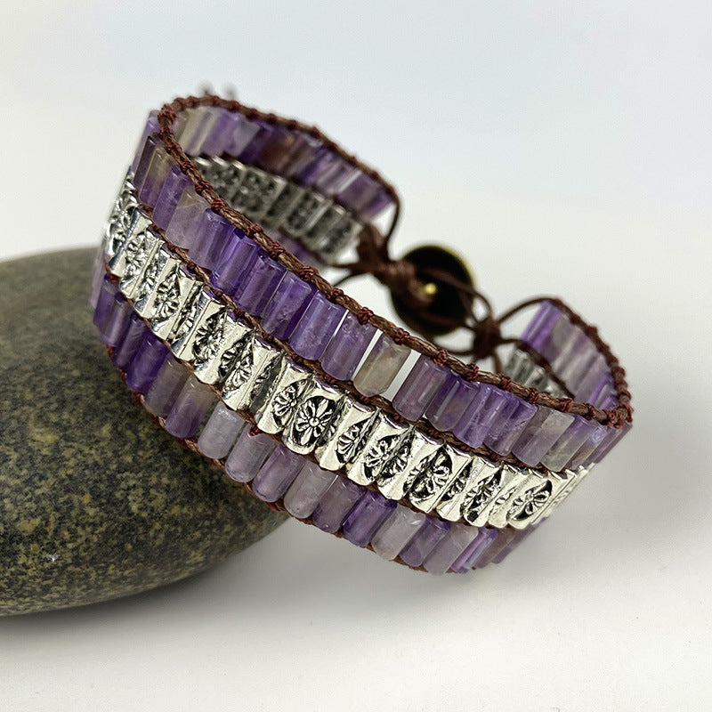 Retro Amethyst Cylindrical Braided Bracelet – Unisex Bohemian Agate Jewelry