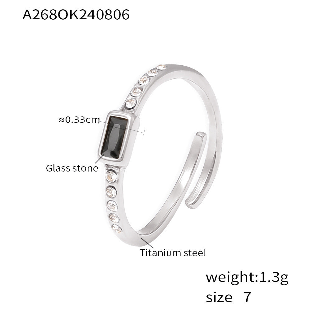 Square Glass Stone Ring In Titanium Steel With Real Gold Plating Fashionable