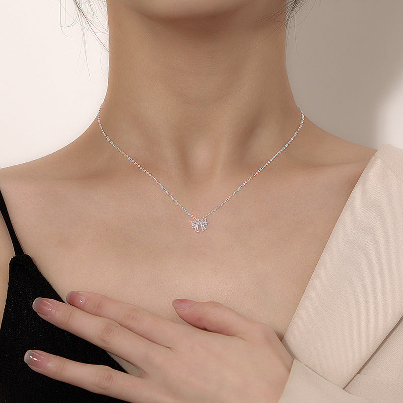 Dreamy Bow Sterling Silver Necklace for Women – Light Luxury Sparkling Diamond Pendant Jewelry
