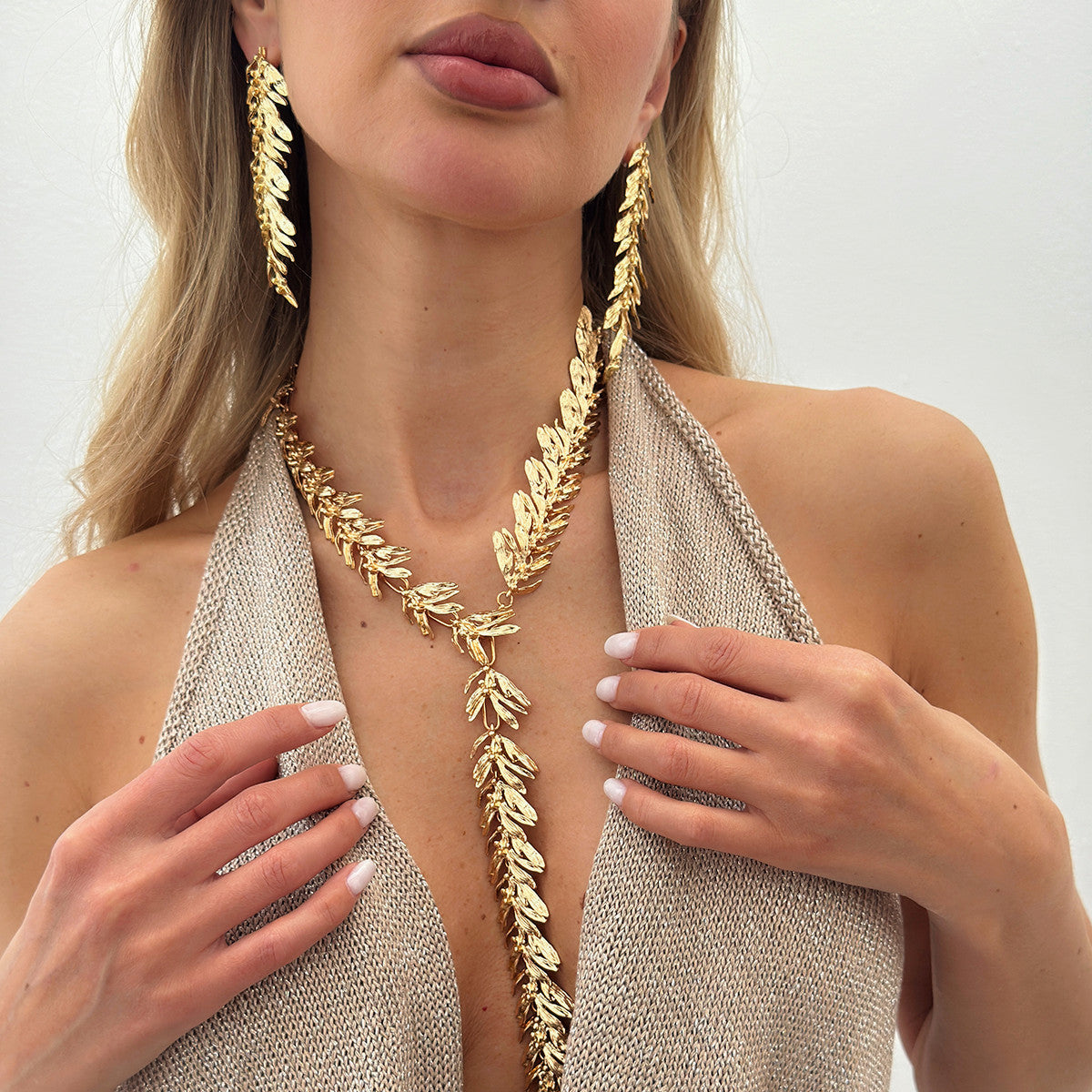 Wheat Ear Tassel Y-Shaped Necklace & Earrings – Sweet and Cool Minimalist Alloy Jewelry