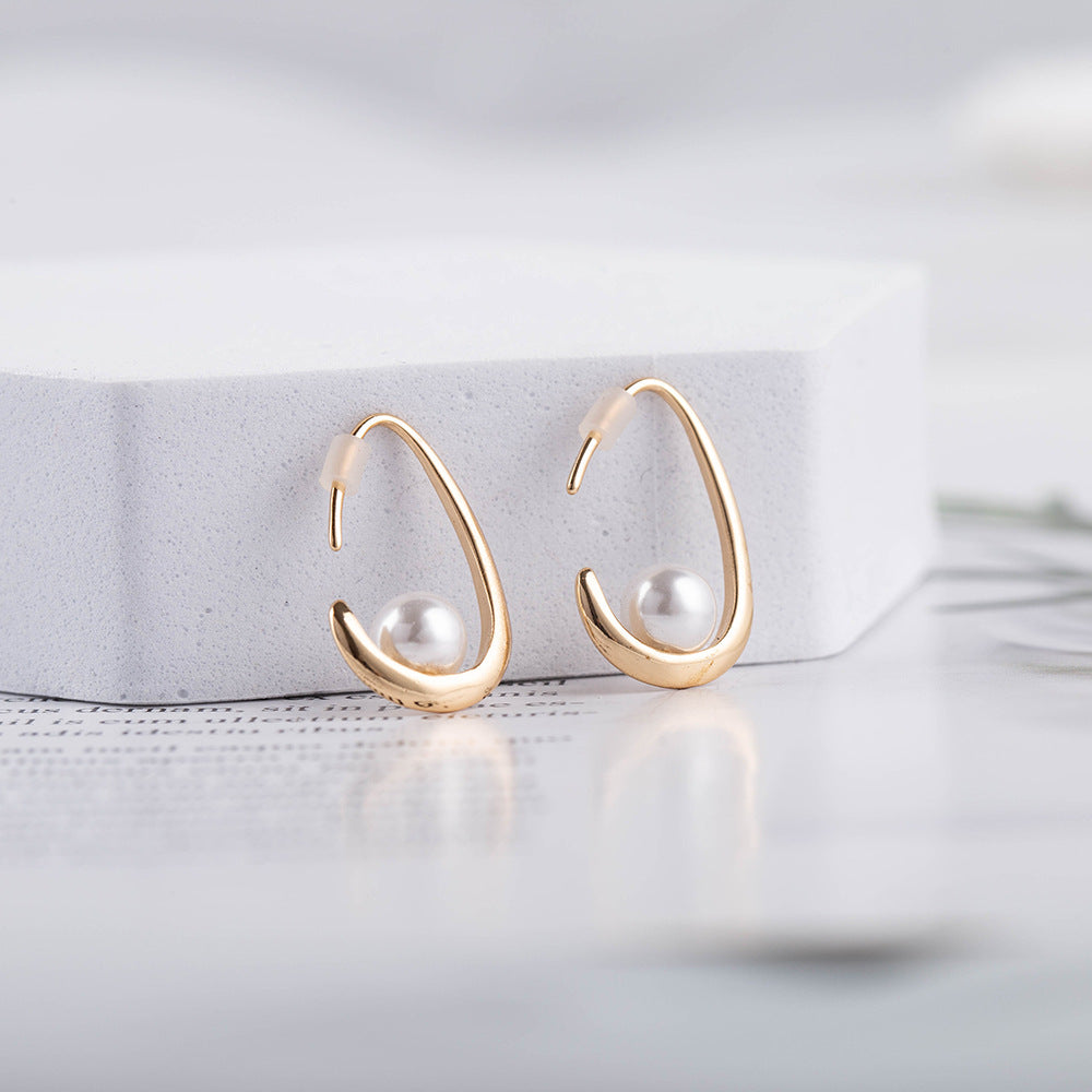 Minimalist Pearl Drop Earrings for Women – Textured Brass Look Jewelry