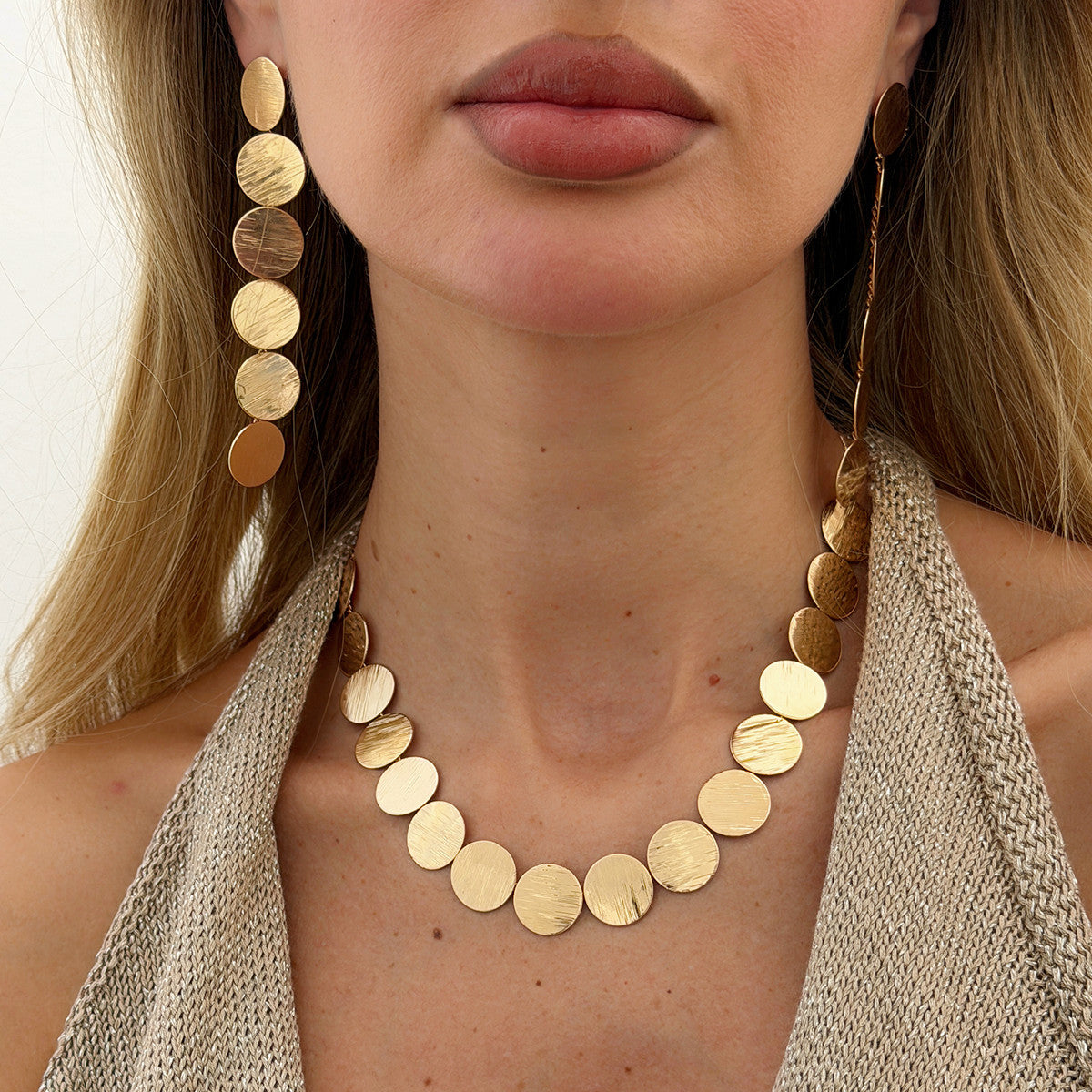 Trendy Geometric Round Metal Necklace & Earrings Set – Minimalist Gold & Silver Luxury Jewelry for Women