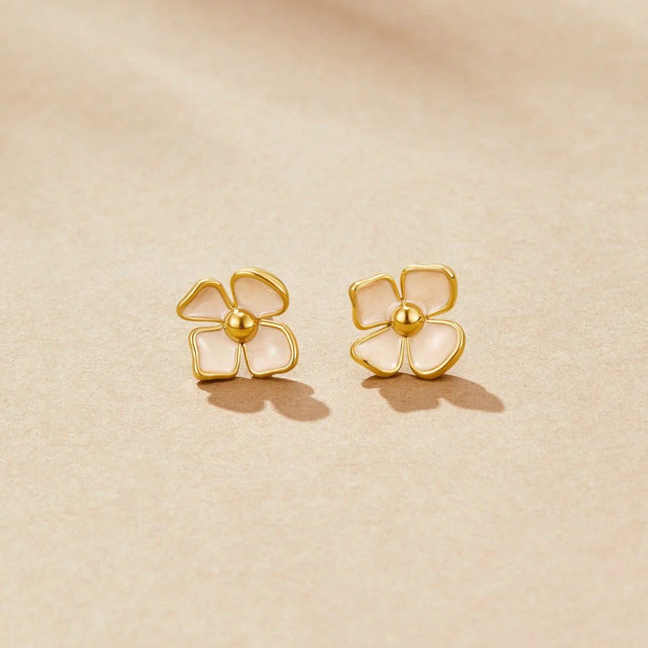 Retro Floral Drip-Oil Earrings – Four-Petal Stainless Steel Jewelry for Women