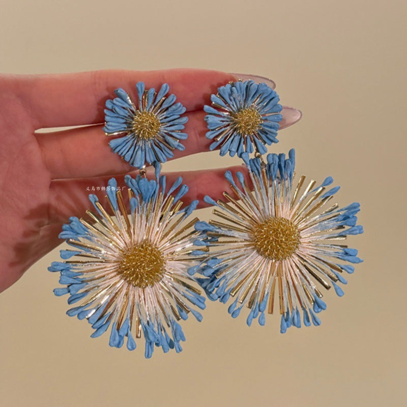 Blue Sunflower Earrings With A Seaside Holiday Resort Style