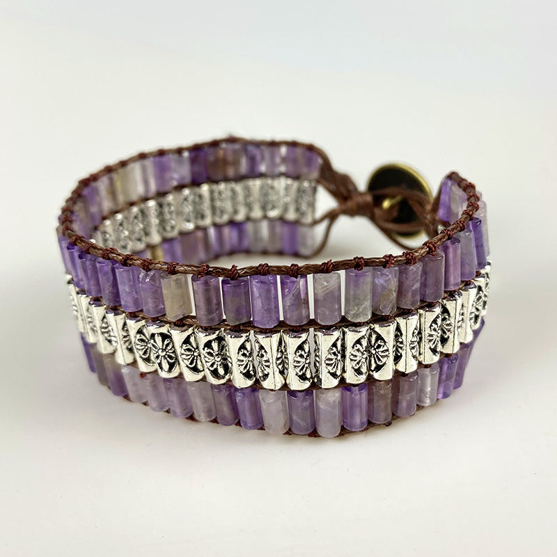 Retro Amethyst Cylindrical Braided Bracelet – Unisex Bohemian Agate Jewelry