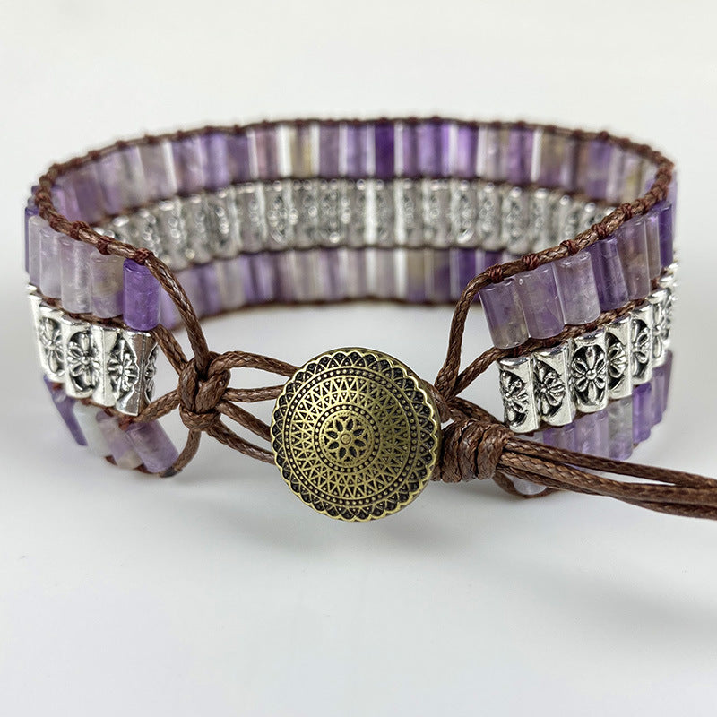 Retro Amethyst Cylindrical Braided Bracelet – Unisex Bohemian Agate Jewelry