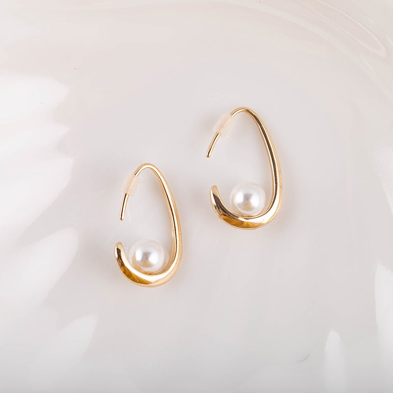 Minimalist Pearl Drop Earrings for Women – Textured Brass Look Jewelry
