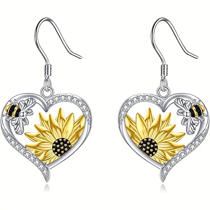 Bee Sunflower Heart Earrings – Cute Silver Floral Animal Jewelry for Women